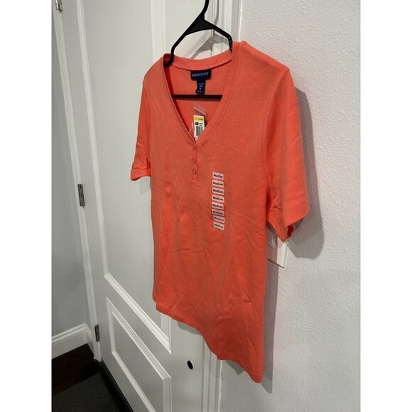 Karen Scott Short Sleeve Henley Top Rose Coral Sz Medium Cotton Essential NWT - Picture 3 of 9